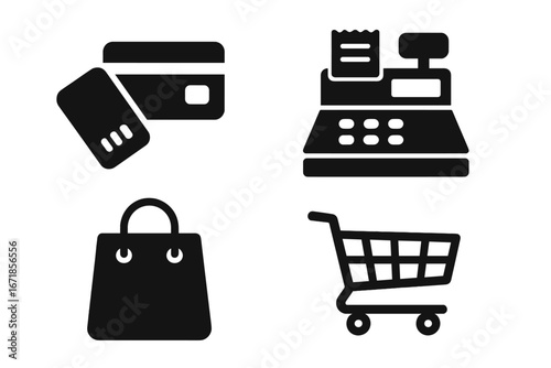 Shopping and retail solid icon set. E-commerce symbols collection. Transaction, checkout, payment pictogram. Credit card, cash register, bag, cart vector illustration.
