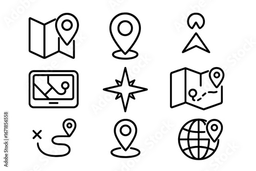 Navigation and location line icon set. Maps, gps, and direction symbols collection. Vector icons for destination, travel, and route finding concepts. Includes pointer, pin, and compass.