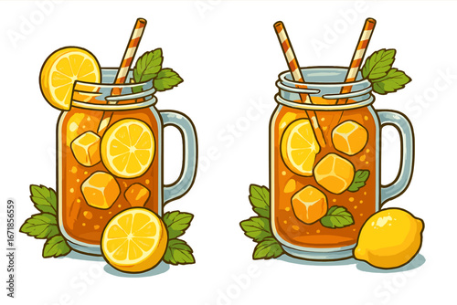 Iced tea with lemon and mint in mason jar. Summer cold drink cocktail. Refreshing beverage with ice cubes. Vector illustration set for menu, cafe, bar. Lemonade juice.