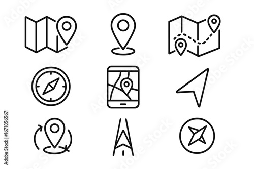 Navigation location line icon set. Vector map pin, GPS route, compass direction, travel destination, and mobile guide icons. Outline pointer symbols for web and app design.