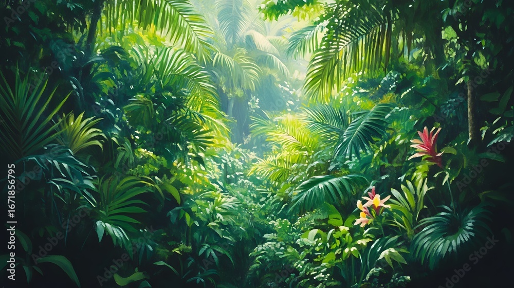 Fototapeta premium Lush Tropical Jungle with Dense Foliage and Vibrant Greenery in a Verdant Rainforest Landscape