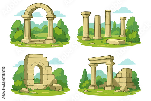 Ancient ruins illustration set. Greek Roman architecture elements. Stone arch, columns, walls. Historic antique landscape background. Cartoon vector for game or history education.