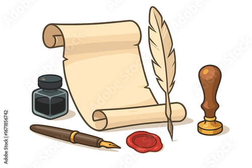 Antique writing set with parchment scroll, quill pen, fountain pen, ink bottle, and wax seal. Concept for vintage correspondence, calligraphy, manuscript, poetry, or legal document.