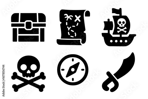 Pirate adventure solid icon set. Features treasure chest, map, ship, skull, compass, and sword. Vector glyphs for marine navigation, treasure hunt, and sea journey concepts.