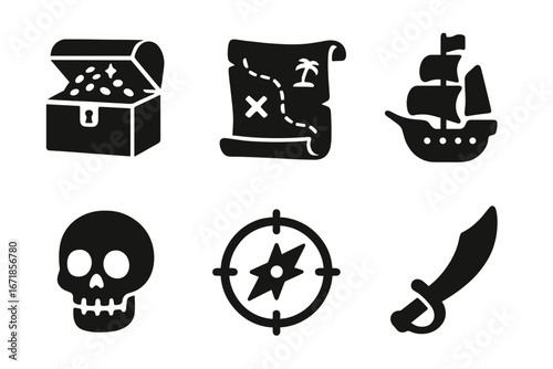 Pirate adventure solid icon set. Treasure chest, map, ship, skull, compass, sword. Sea exploration, marine navigation, discovery journey. Vector glyph symbols collection.