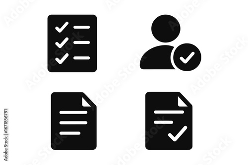 Task management solid icon set. Project planning glyph collection with checklist, approved user profile, and completed document symbols. Business workflow and organization vector.