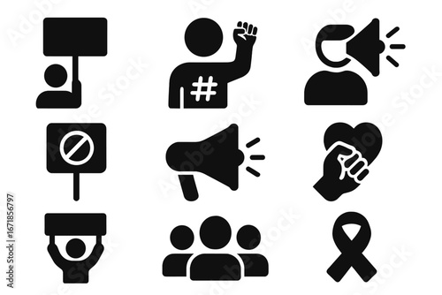 Protest and activism solid icon set. Advocacy, demonstration, awareness symbols. Vector collection of glyphs for social issues, human rights, rally, march, and movements.