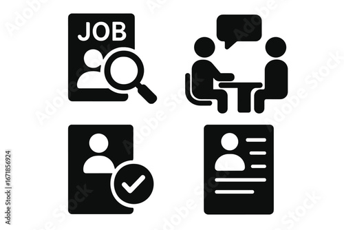 Hiring process solid icon set. Job search, interview, resume, approved candidate. Human resources, recruitment, employment concepts. Vector pictogram symbols collection.