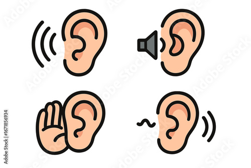 Understanding Sound and Hearing with Ear Icon Illustrations in Simple Design Style, Vector Cartoon Set Showing Listening and Audio Concepts on Transparent Background