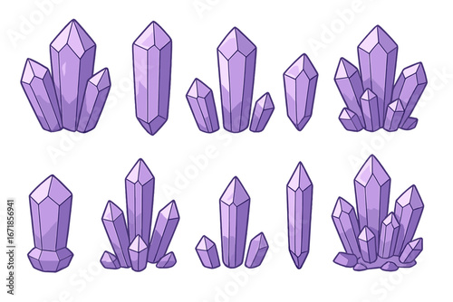 Variety of purple crystals in assorted shapes and sizes, vector cartoon illustration on transparent background, ordered set 1, gemstone cluster, amethyst crystals, mystical mineral collection