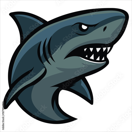 This dynamic and muscular vector icon of a shark features a determined expression and sharp teeth, capturing the essence of a dominant predator.