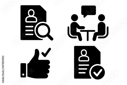 Recruitment and hiring solid icon set. Job interview, resume review, and application approval. Human resources and employment concept. Vector career pictogram collection.