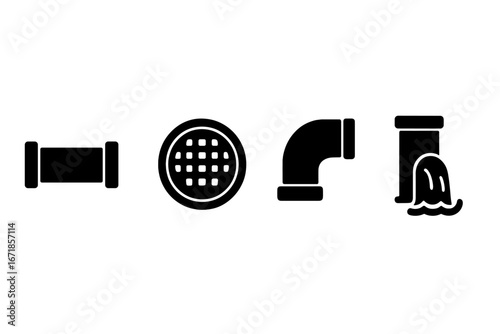 Sewer system icon set. Plumbing and drainage solid glyph icons. Pipe, manhole cover, drain grate, wastewater flow, and sewage disposal vector silhouette pictograms.