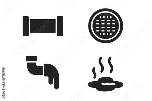 Sewer system solid glyph icons set. Vector collection of pipeline, manhole, leaking pipe, and wastewater puddle. Plumbing, drainage, and sanitation symbols for web design.