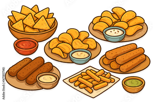 Various types of snack foods with dipping sauces served on a casual dining table setting, vector cartoon illustration of popular finger foods and appetizers