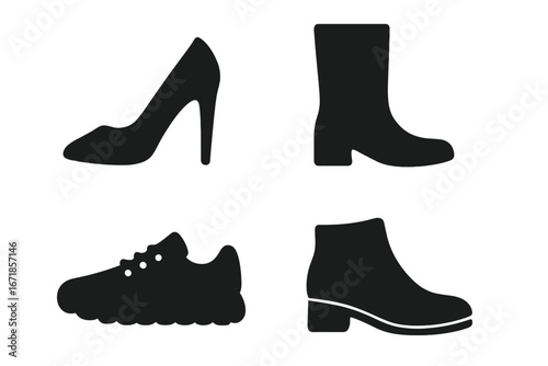 Shoe silhouette icon set including high heels, ankle boots, sneakers, and casual boots in solid black vector style, cartoon illustration with transparent background, ordered footwear collection