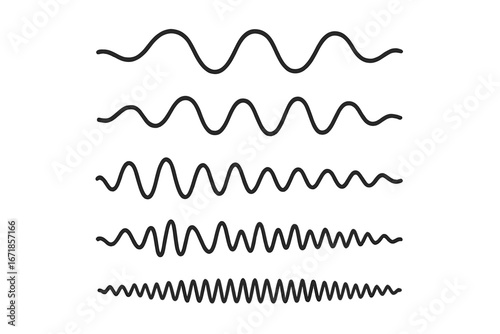 Minimalistic Vector Illustration of Sound Waves Showing Various Audio Frequencies, Waveforms, and Oscillations on Transparent Background, Audio Signal Concept