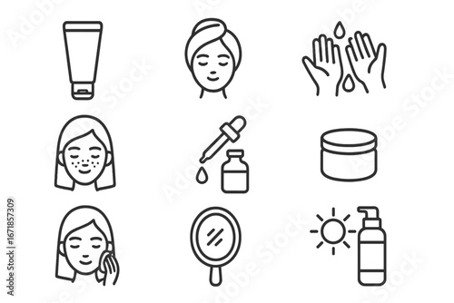 Skincare and Beauty Line Icon Set, Minimalist Hygiene and Facial Care Symbols, Vector Cartoon Illustration with Transparent Background, Ordered Set 3, Personal Care and Wellness