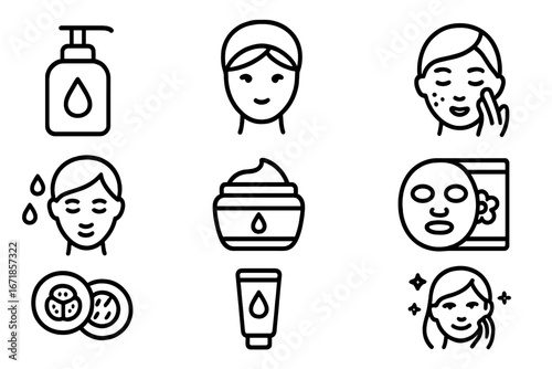 Skincare and Beauty Line Icon Set, Minimalistic Hygiene Symbols, Facial Care Routine Icons, Vector Cartoon Illustration, Transparent Background, Organized Collection