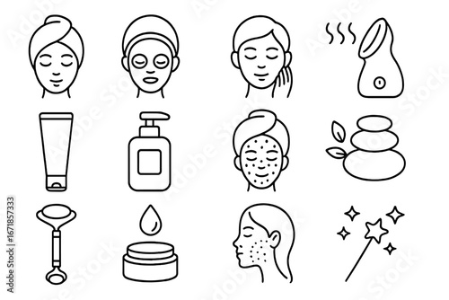 Skincare and beauty outline icon set, facial wellness, spa therapy, cosmetic collection, wellness routine, facial care tools, natural health icons, cosmetic products vector