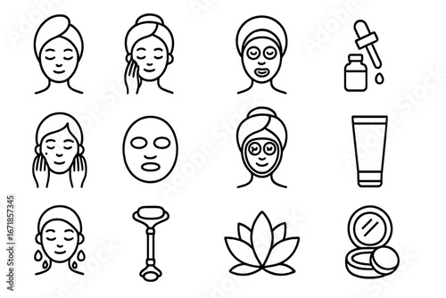 Skincare and beauty outline icon set, facial wellness spa cosmetic collection, vector cartoon illustration with transparent background, skincare routine symbols, beauty care line art