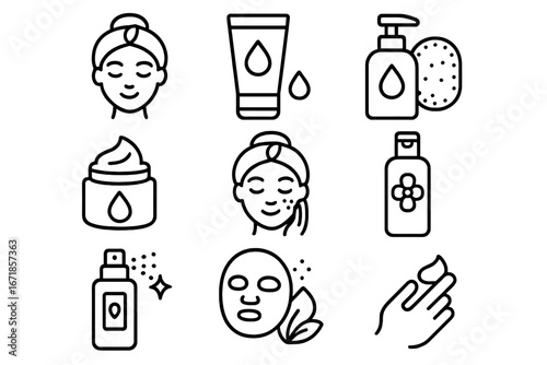 Skincare Line Icon Set, Beauty Hygiene and Wellness Icons Collection, Vector Cartoon Illustration with Transparent Background, Facial Care, Lotion, Serum, Mask, Moisturizer, Self-Care Symbols