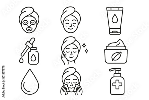 Skincare Icon Set Vector, Beauty Hygiene Wellness Line Art Symbols, Facial Care Routine with Serum, Cream, Cleanser, Moisturizer, and Spa Wellness Elements Transparent Background