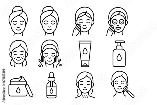 Skincare linear icon set, beauty and facial treatment icons, line style vector cartoon illustration, transparent background, ordered collection for cosmetics and wellness
