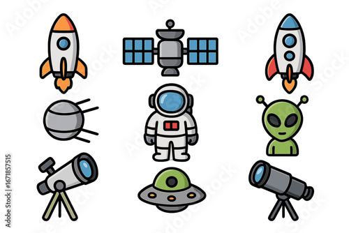 Space exploration filled icon set with rockets, satellites, astronauts, aliens, and telescopes in vibrant cartoon vector style, transparent background, ordered set of 3