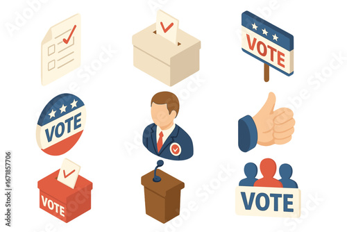 Voting and Election Isometric Icons Set – Ballot Papers, Voting Boxes, Political Candidate, Campaign, Civic Engagement, Polling Symbols, Democracy Concept Vector Illustration