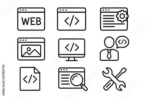 Web development icon set in linear style for digital design, coding, programming, testing, software engineering, developer tools, and technology concepts, vector cartoon illustration