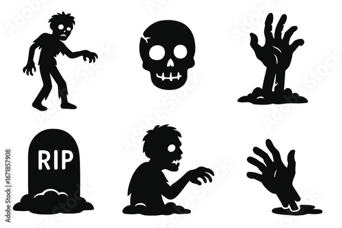 Creepy zombie silhouette icon set with undead monsters, skull, grave, and rising hands for Halloween, horror, spooky and supernatural vector cartoon illustrations with transparent backgrounds