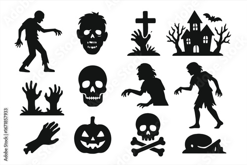 Zombie and horror silhouette icon set, spooky eerie undead symbols collection, Halloween vector cartoon illustration with transparent background, horror theme elements, undead creatures