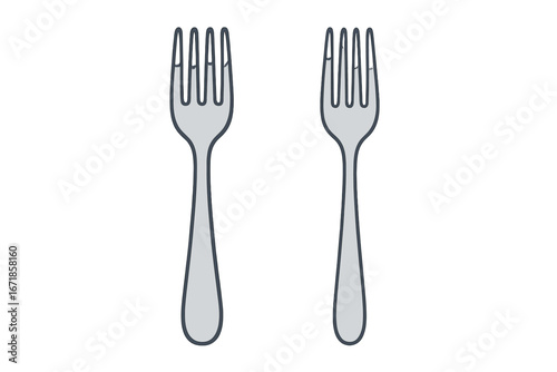 Two forks vector illustration. Simple kitchen utensil icon for dining. Concept for food, eating, restaurant, cafe, menu design. Cutlery and tableware set. Flat cartoon graphic.