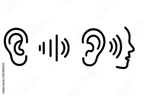 Ear and sound wave line icon set. Hearing, listening, and audio perception concepts. Vector illustration for audiology, otolaryngology, communication, and noise pollution.