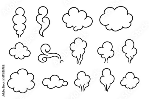 Smoke cloud vector icon set. Doodle steam puff, vapor, and wind shapes. Hand drawn cartoon comic line art. Fume, dust, and air blow graphic elements for design projects.