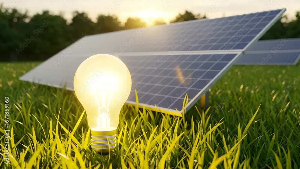 Solar energy panel and lightbulb on nature. Renewable energy sources in environmental science, physics. Conversion of solar energy into electrical energy