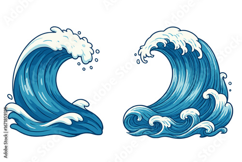 Set of ocean waves in two styles. Japanese traditional art and modern cartoon. Powerful sea storm tsunami surf. Vector illustration isolated. Fluid motion and splash concept.