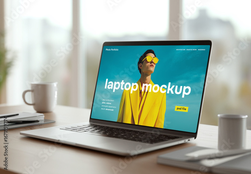 A laptop mockup in a modern office