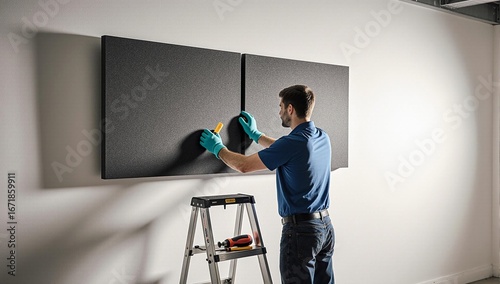 Technician installing a large sound-absorbing acoustic panel design on a wall
