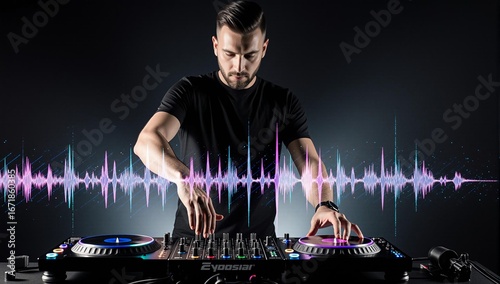 Focused DJ passionately mixing tracks with a digital soundwave overlay