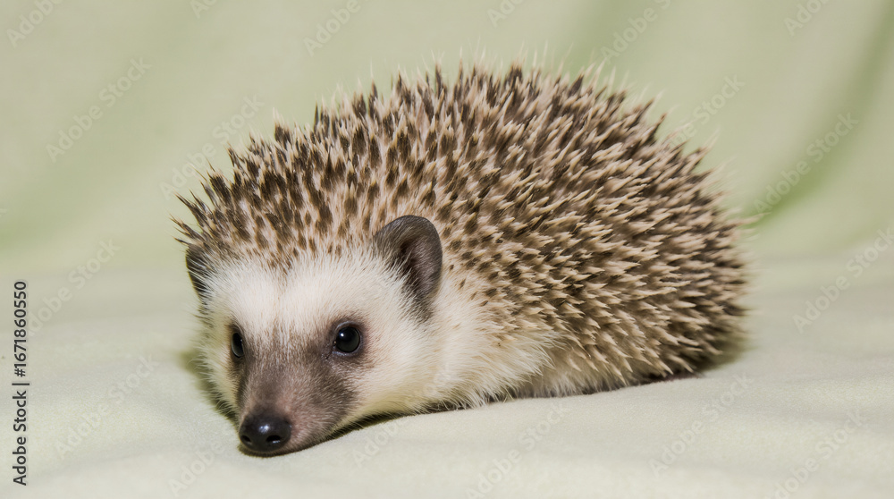 Fototapeta premium A small hedgehog is curled up comfortably on a pastel green blanket, showcasing fine details of its spines and cute nose in simple studio light.