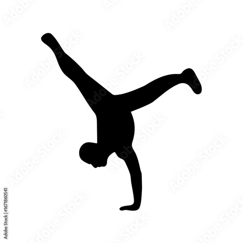 Silhouette of a gymnast performing a handstand split with legs extended