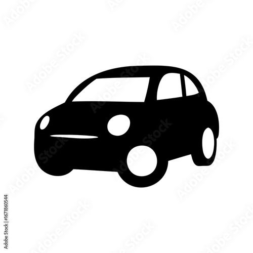 A simple black and white drawing of a small compact car