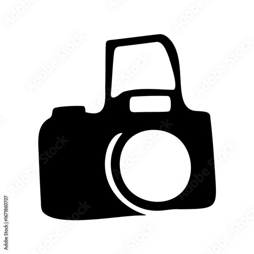 Simplified black and white icon of a modern digital single lens reflex camera