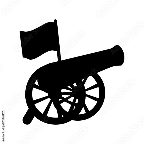 Silhouette of a vintage cannon with a flag for military designs