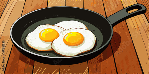 A realistic image of two sunny-side-up eggs cooking in a black cast iron skillet. The eggs have bright yellow-orange yolks and set white edges, sprinkled lightly with black pepper. The skillet sits on