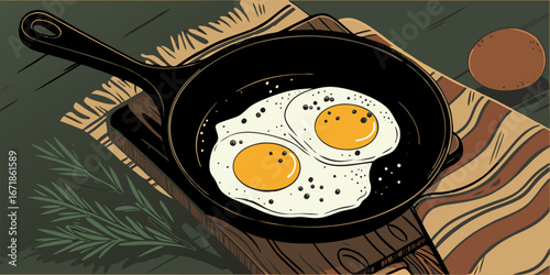 A realistic image of two sunny-side-up eggs cooking in a black cast iron skillet. The eggs have bright yellow-orange yolks and set white edges, sprinkled lightly with black pepper. The skillet sits on