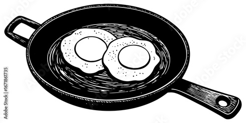 A realistic image of two sunny-side-up eggs cooking in a black cast iron skillet. The eggs have bright yellow-orange yolks and set white edges, sprinkled lightly with black pepper. The skillet sits on