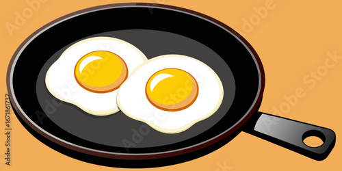 A realistic image of two sunny-side-up eggs cooking in a black cast iron skillet. The eggs have bright yellow-orange yolks and set white edges, sprinkled lightly with black pepper. The skillet sits on